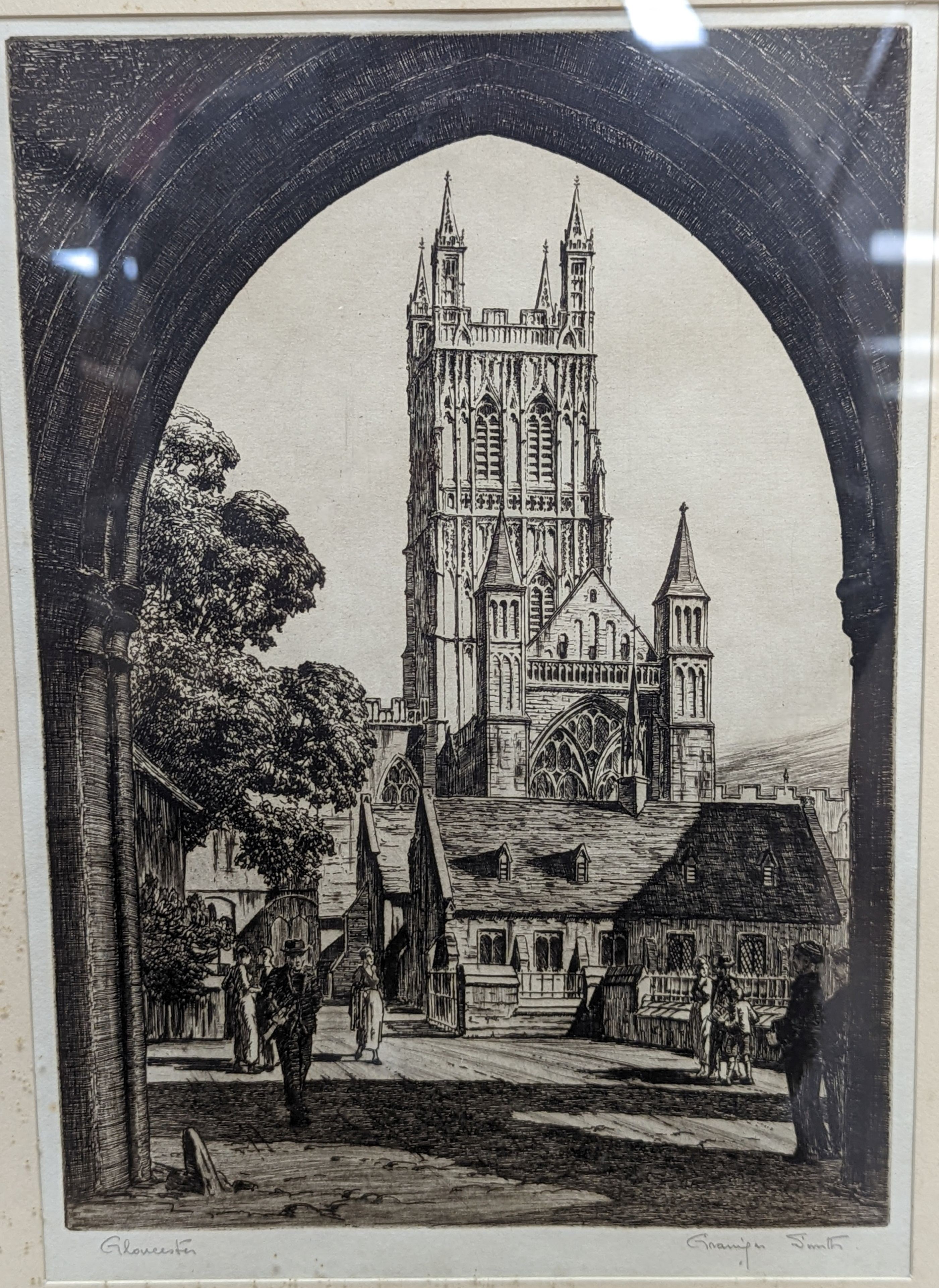 A group of four assorted etchings with Views of Cambridge, Gloucester and other cathedral towns, largest 46 x 31cm
